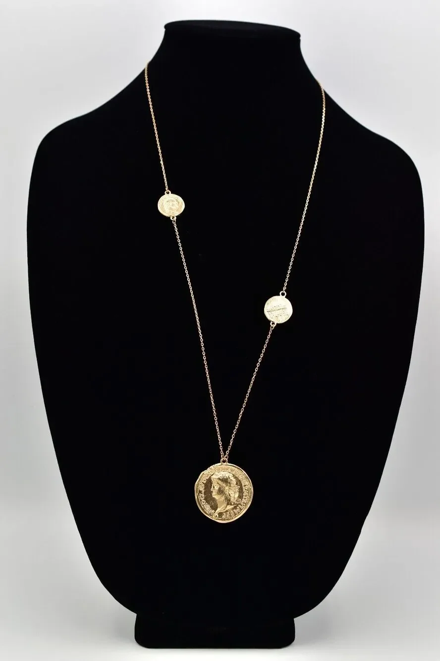 Jade & Jasper Vintage Coin Station Necklace Brushed Gold Satin Signed BinBL
